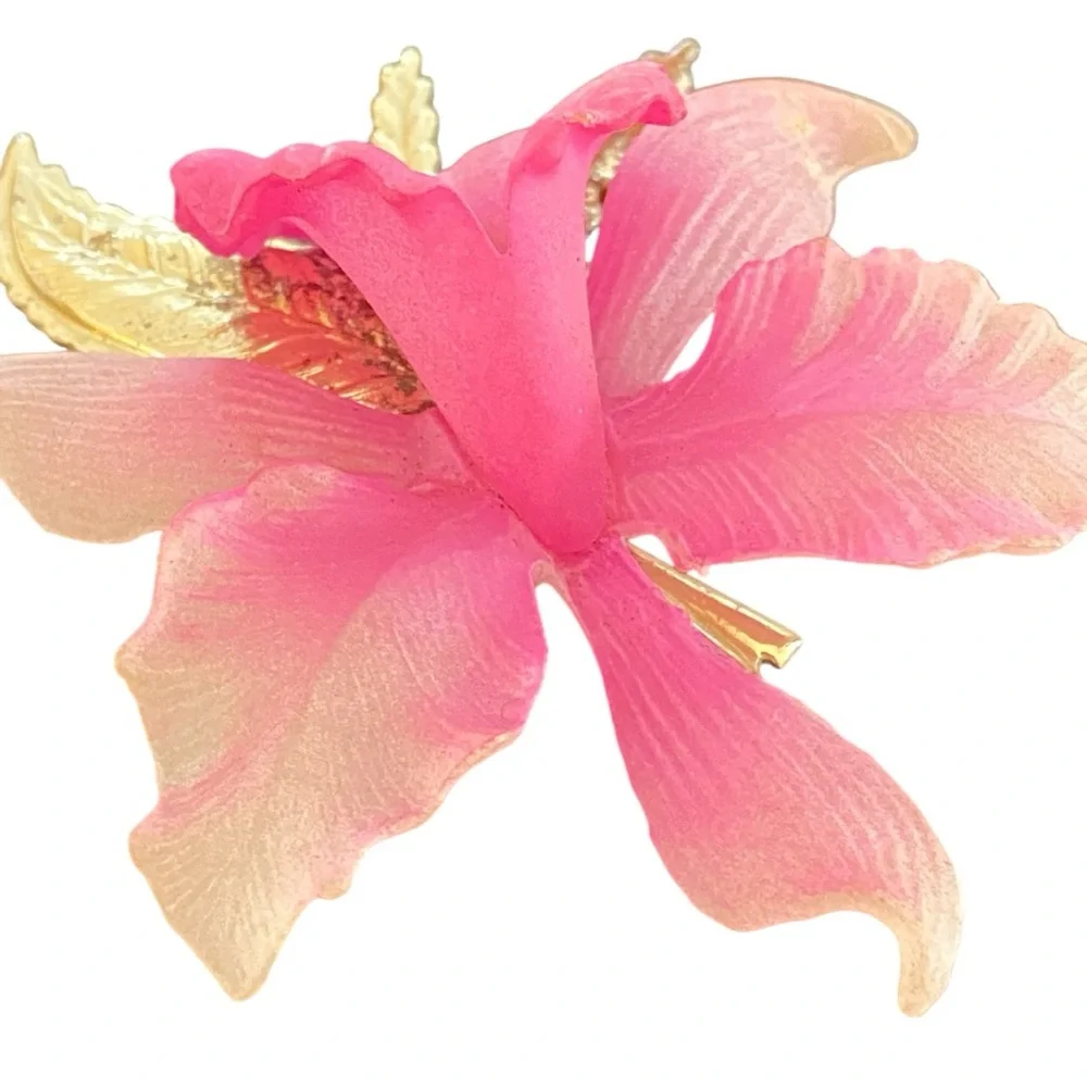Vintage Pink Orchid Brooch Pin Gold Tone Floral Statement Botanical